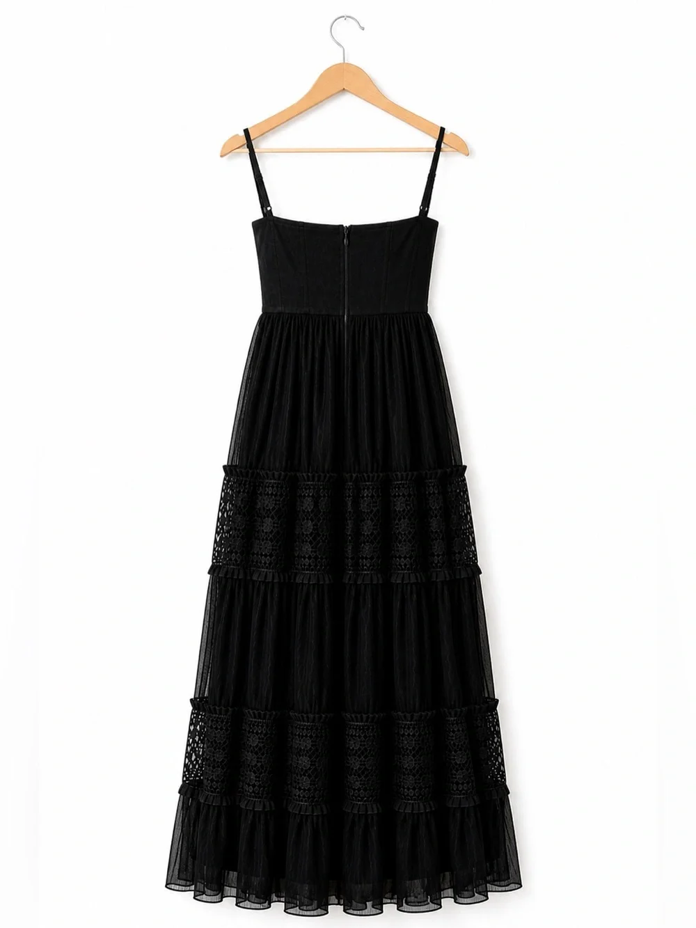 Black Lace Tiered Maxi Dress Lulus M Corset Bodice - Picture 3 of 4